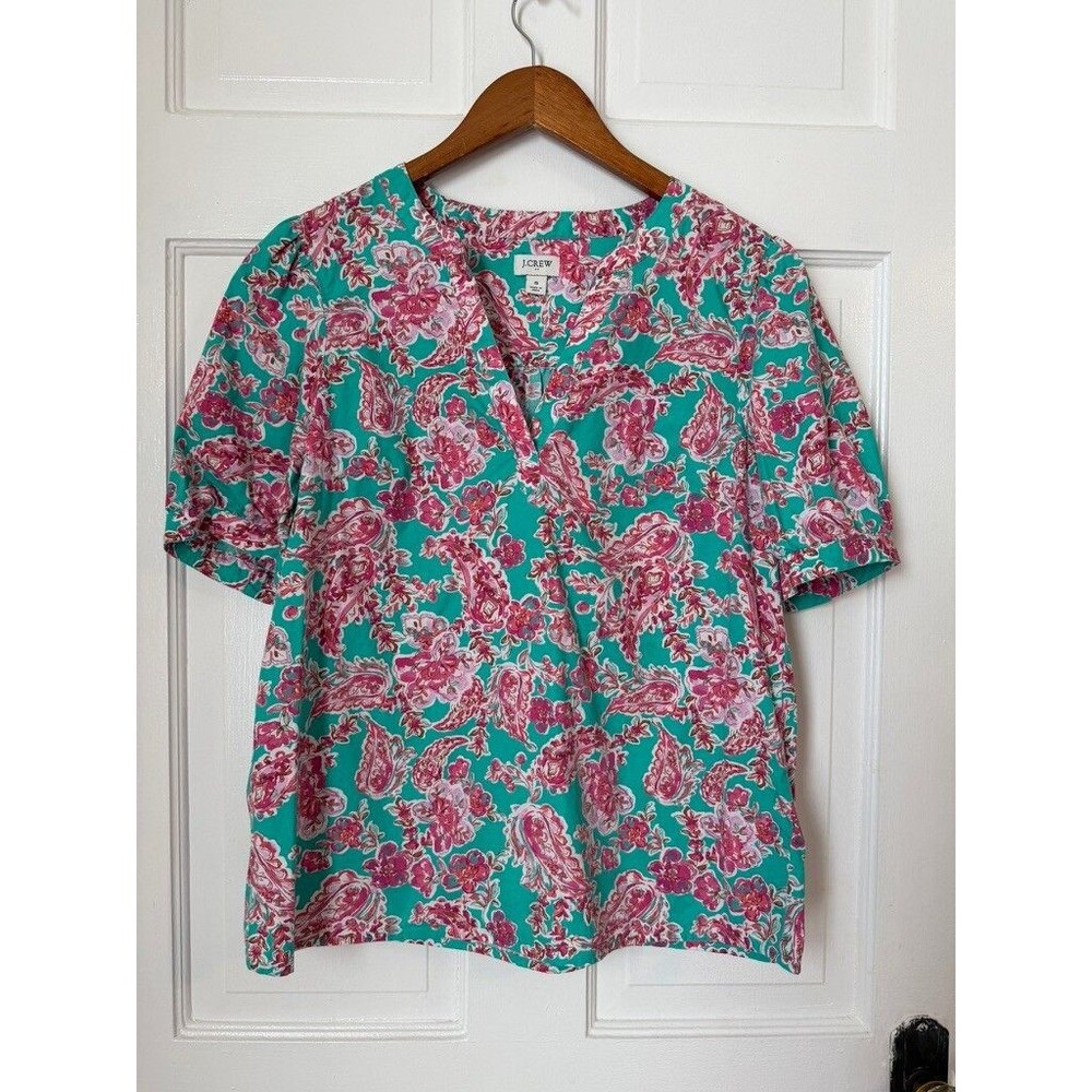 J Crew Pink Floral Paisley Print Blouse S Turquoise Puff Sleeve Cotton Boho Top